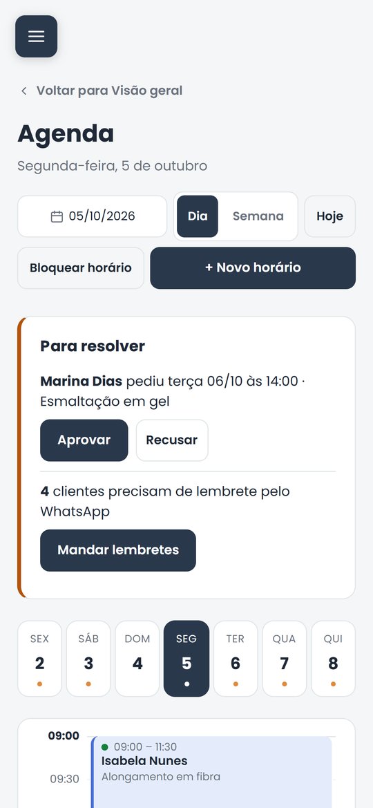 Agenda do dia com a régua de horas, atendimentos e bloqueio de almoço