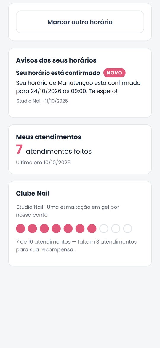 App da cliente com o cartão de fidelidade: 7 de 10 selos preenchidos e quantos atendimentos faltam para a recompensa