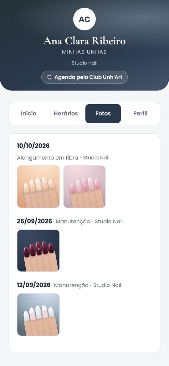 App Minhas unhas na aba Fotos, com as fotos das unhas agrupadas por atendimento
