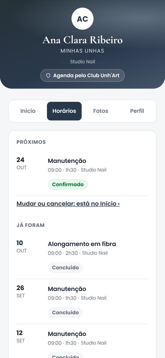 App Minhas unhas na aba Horários, com o próximo atendimento confirmado e os que já foram