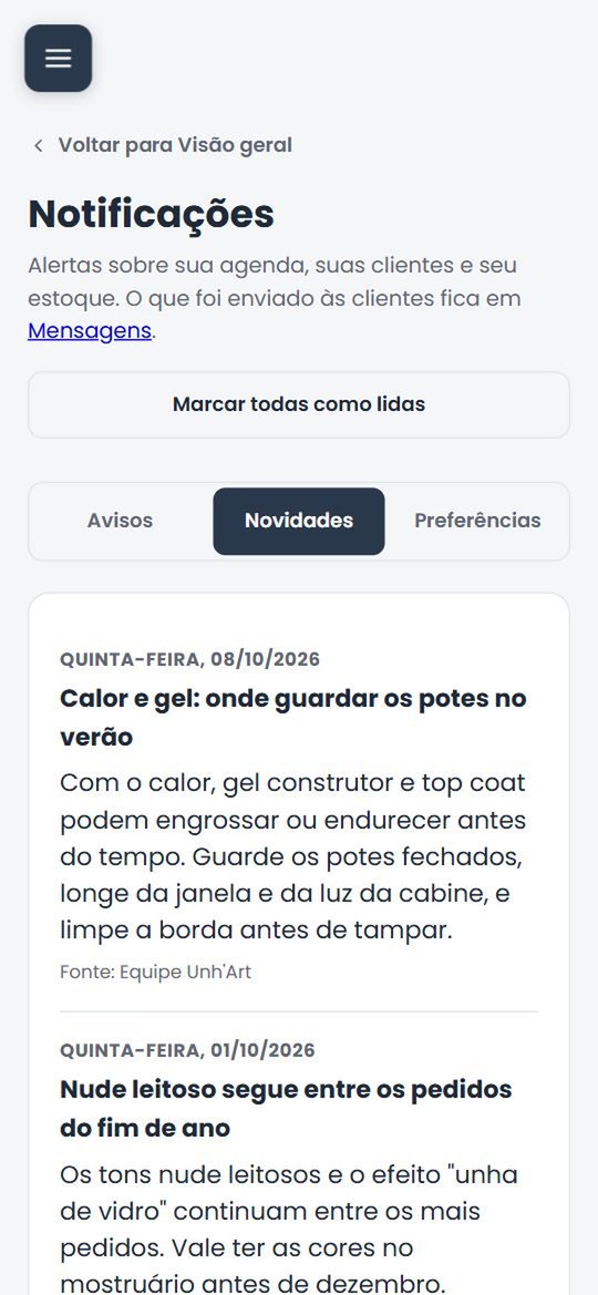 Tela Notificações, aba Novidades: as novidades do mundo das unhas, cada uma com a data e a fonte