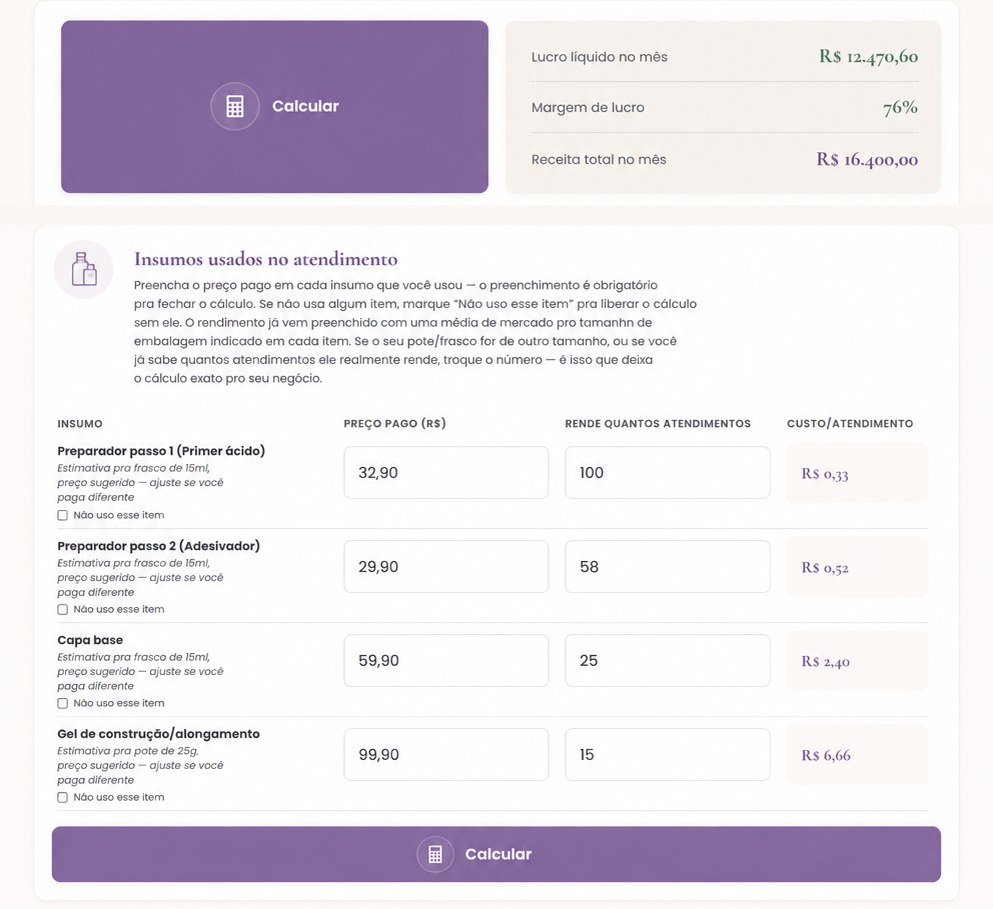 Resultado da calculadora mostrando lucro líquido, margem e receita do mês